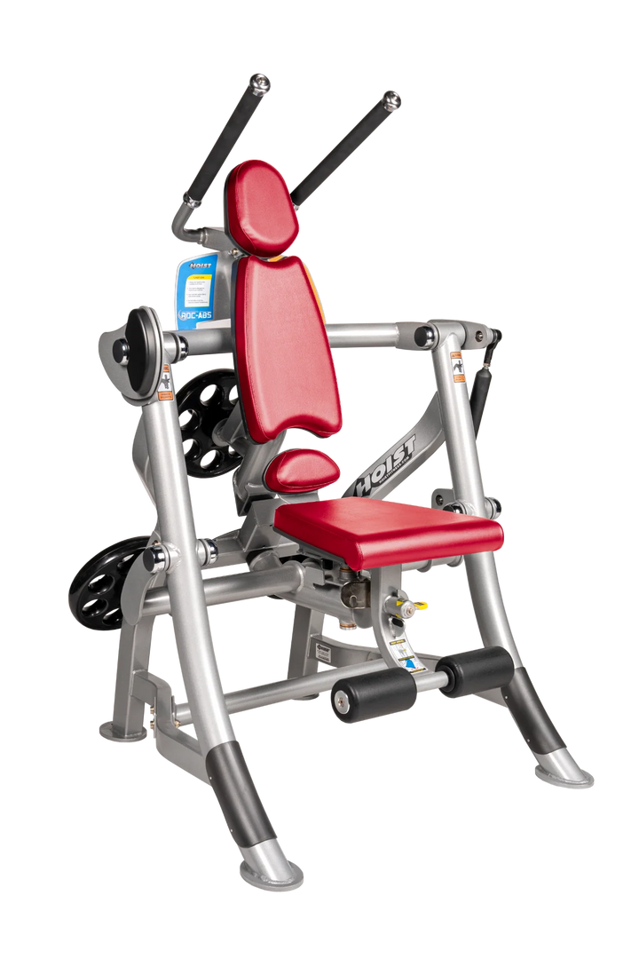 Hoist ROC-ABS abdominal machine with ergonomic seat, overhead handles, and plate-loaded resistance for core workouts