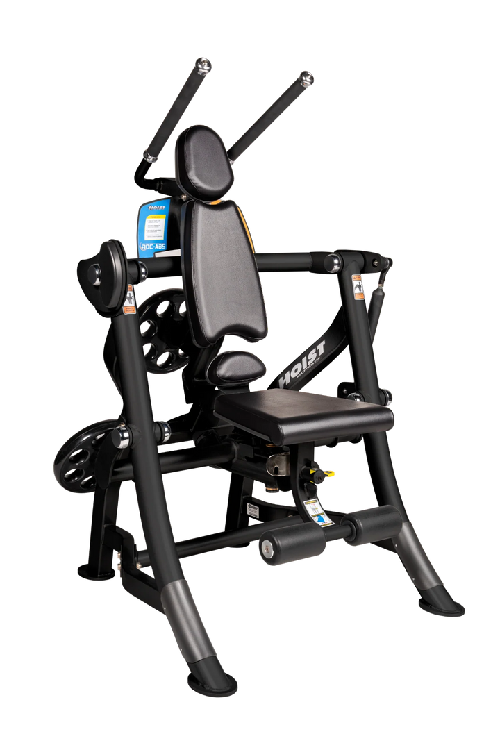 Hoist ROC-ABS abdominal machine with ergonomic seat, overhead handles, and plate-loaded resistance for core workouts