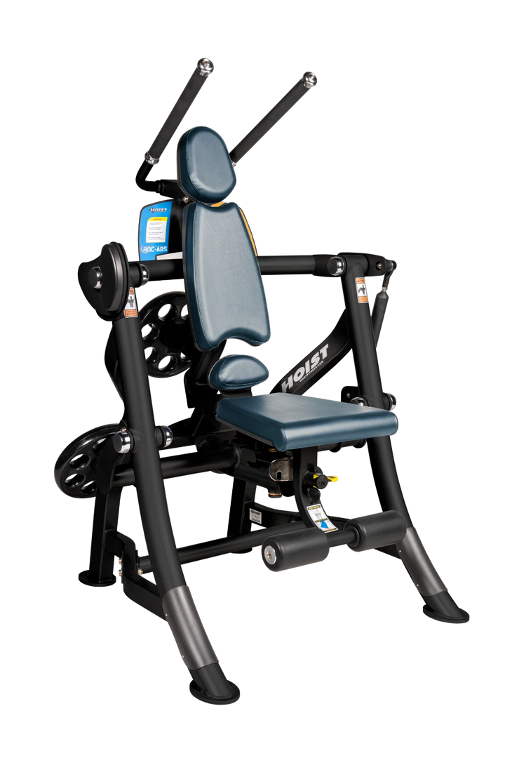 Hoist ROC-ABS abdominal machine with ergonomic seat, overhead handles, and plate-loaded resistance for core workouts