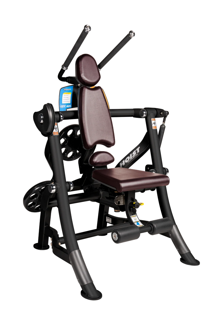 Hoist ROC-ABS abdominal machine with ergonomic seat, overhead handles, and plate-loaded resistance for core workouts