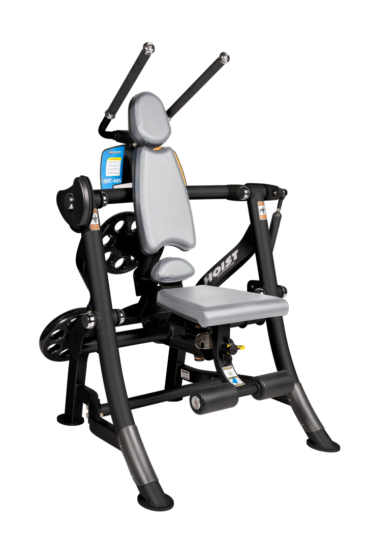 Hoist ROC-ABS abdominal machine with ergonomic seat, overhead handles, and plate-loaded resistance for core workouts