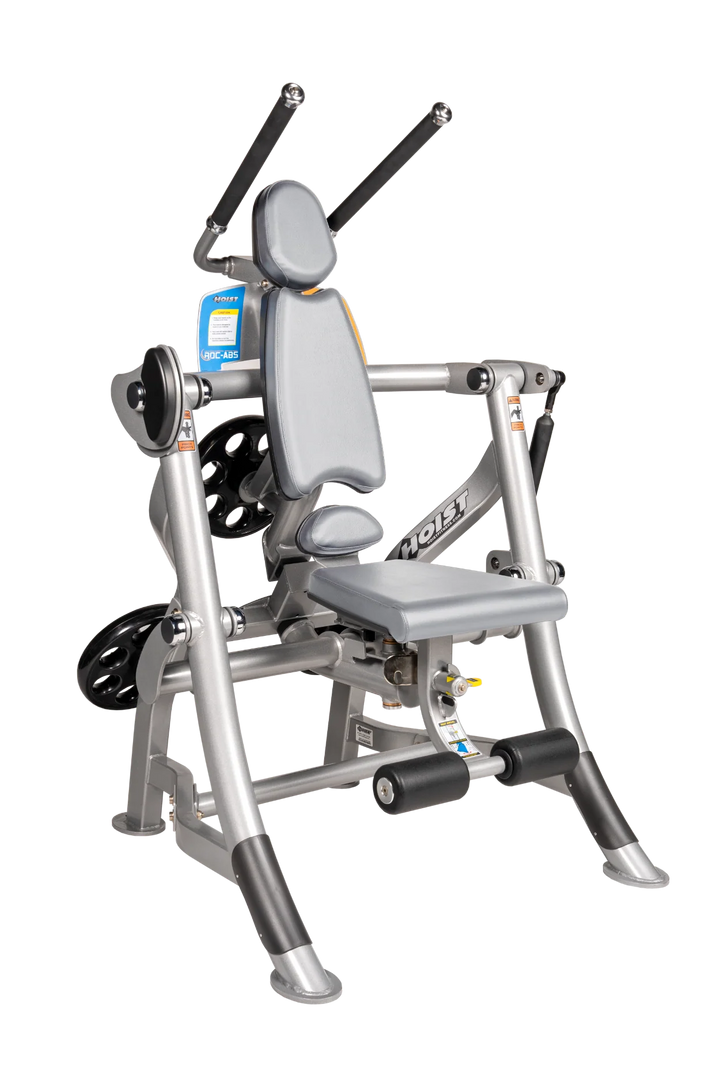 Hoist ROC-ABS abdominal machine with ergonomic seat, overhead handles, and plate-loaded resistance for core workouts