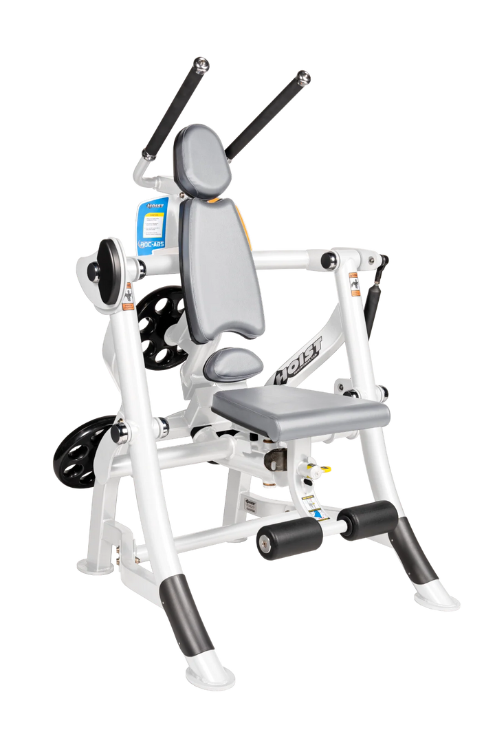 Hoist ROC-ABS abdominal machine with ergonomic seat, overhead handles, and plate-loaded resistance for core workouts