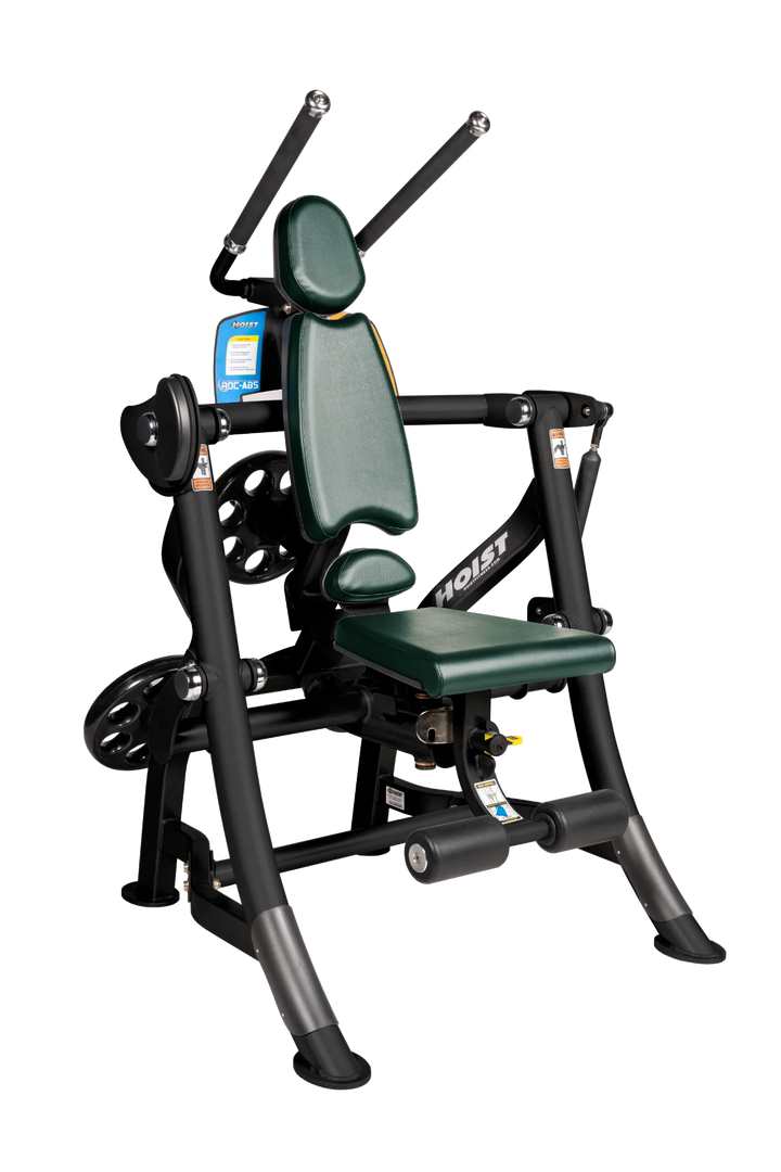 Hoist ROC-ABS abdominal machine with ergonomic seat, overhead handles, and plate-loaded resistance for core workouts