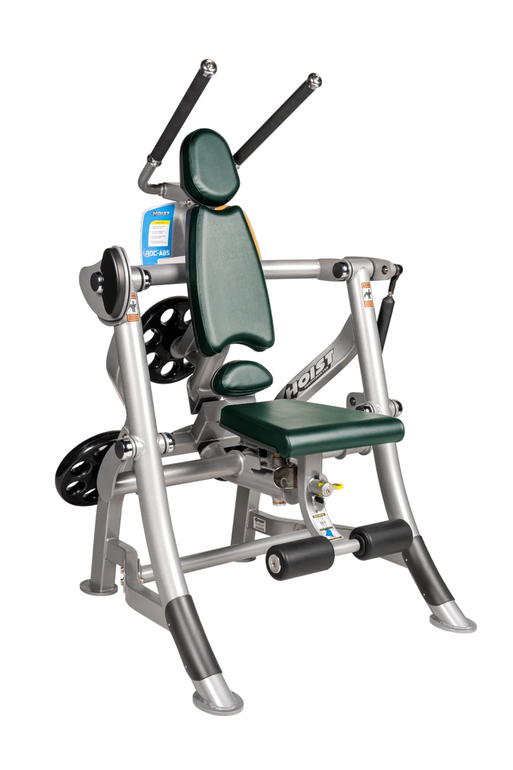 Hoist ROC-ABS abdominal machine with ergonomic seat, overhead handles, and plate-loaded resistance for core workouts