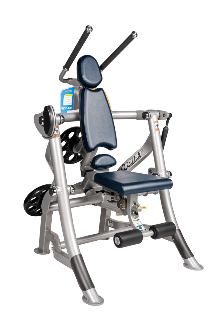 Hoist ROC-ABS abdominal machine with ergonomic seat, overhead handles, and plate-loaded resistance for core workouts