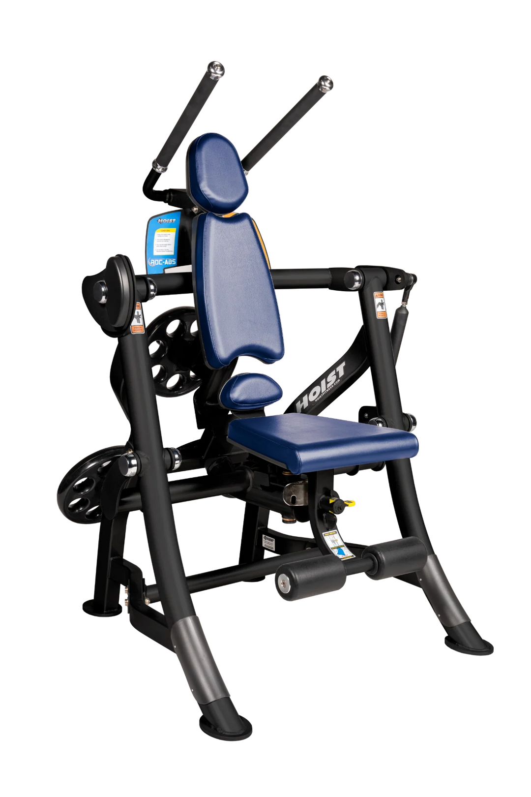 Hoist ROC-ABS abdominal machine with ergonomic seat, overhead handles, and plate-loaded resistance for core workouts