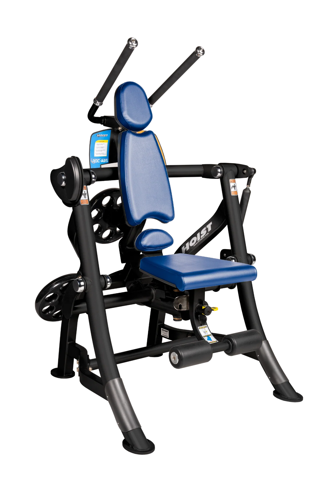 Hoist ROC-ABS abdominal machine with ergonomic seat, overhead handles, and plate-loaded resistance for core workouts