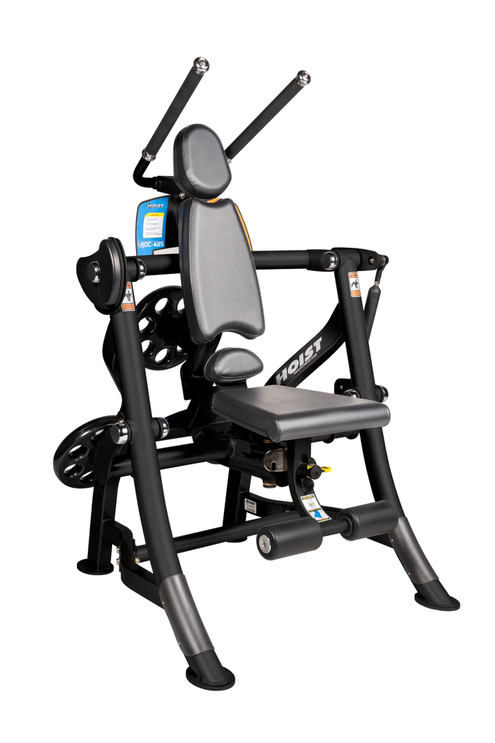Hoist ROC-ABS abdominal machine with ergonomic seat, overhead handles, and plate-loaded resistance for core workouts