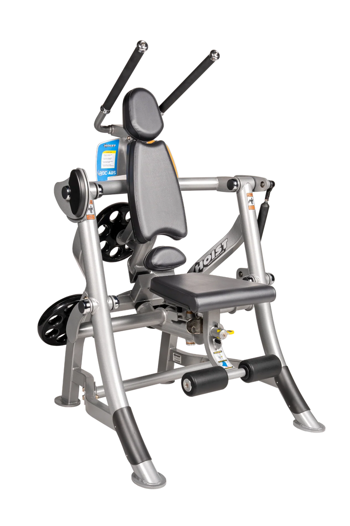Hoist ROC-ABS abdominal machine with ergonomic seat, overhead handles, and plate-loaded resistance for core workouts