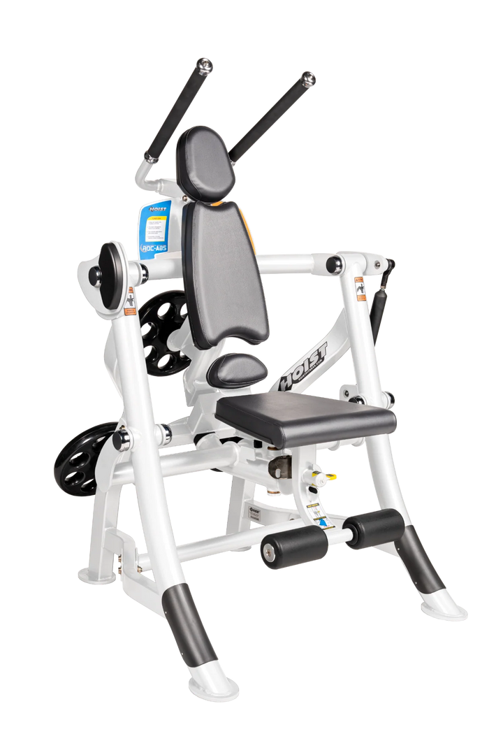 Hoist ROC-ABS abdominal machine with ergonomic seat, overhead handles, and plate-loaded resistance for core workouts