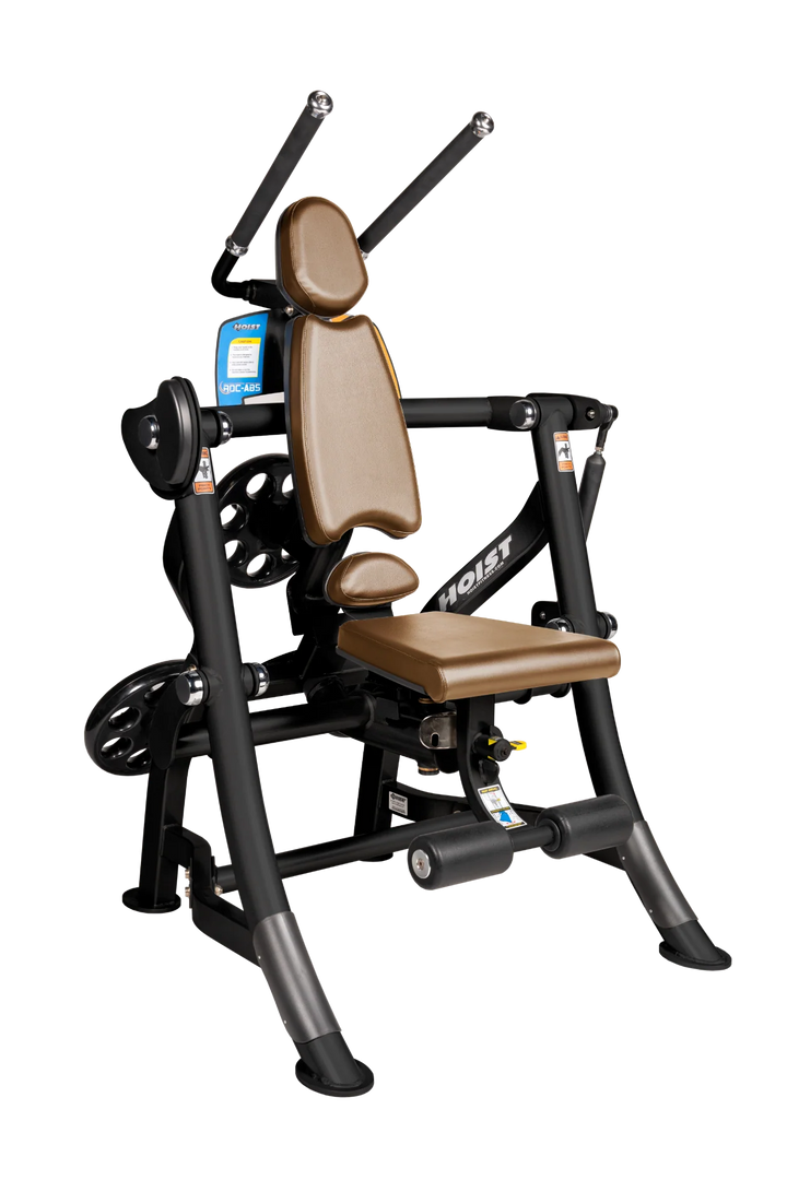 Hoist ROC-ABS abdominal machine with ergonomic seat, overhead handles, and plate-loaded resistance for core workouts