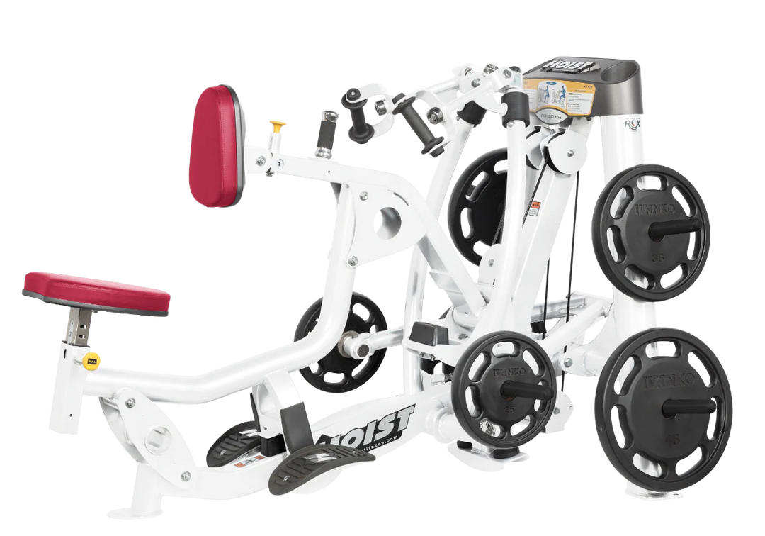 Hoist plate loaded mid row machine with red upholstery, chest pad, and independent arm movement for back training