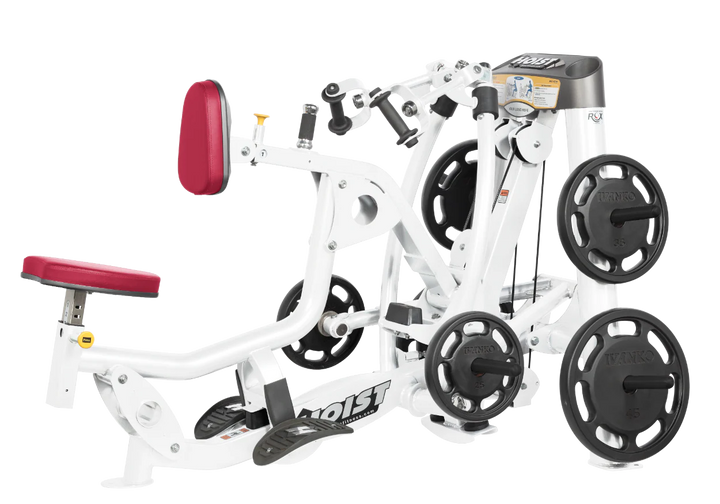 Hoist plate loaded mid row machine with red upholstery, chest pad, and independent arm movement for back training
