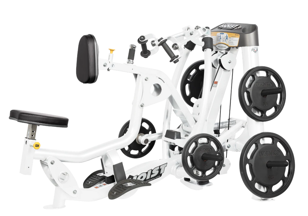 Hoist plate loaded mid row machine with red upholstery, chest pad, and independent arm movement for back training
