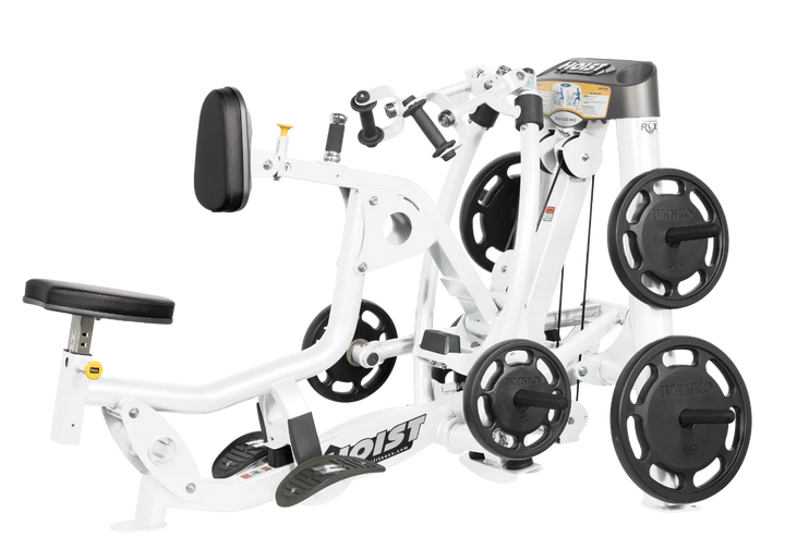 Hoist plate loaded mid row machine with red upholstery, chest pad, and independent arm movement for back training