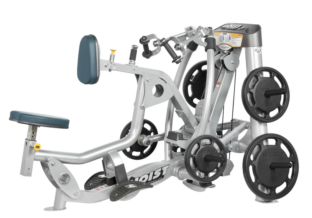 Hoist plate loaded mid row machine with red upholstery, chest pad, and independent arm movement for back training