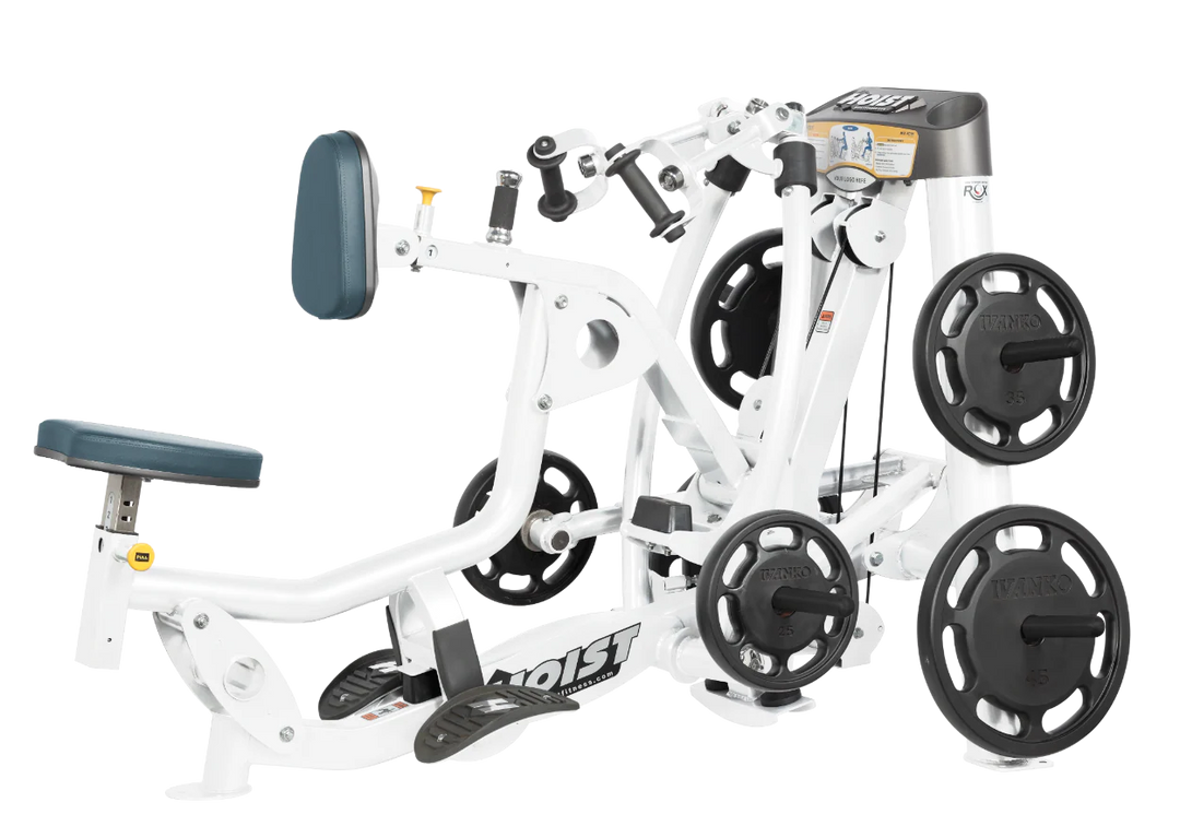 Hoist plate loaded mid row machine with red upholstery, chest pad, and independent arm movement for back training