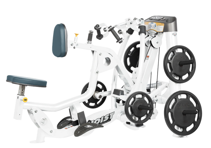 Hoist plate loaded mid row machine with red upholstery, chest pad, and independent arm movement for back training