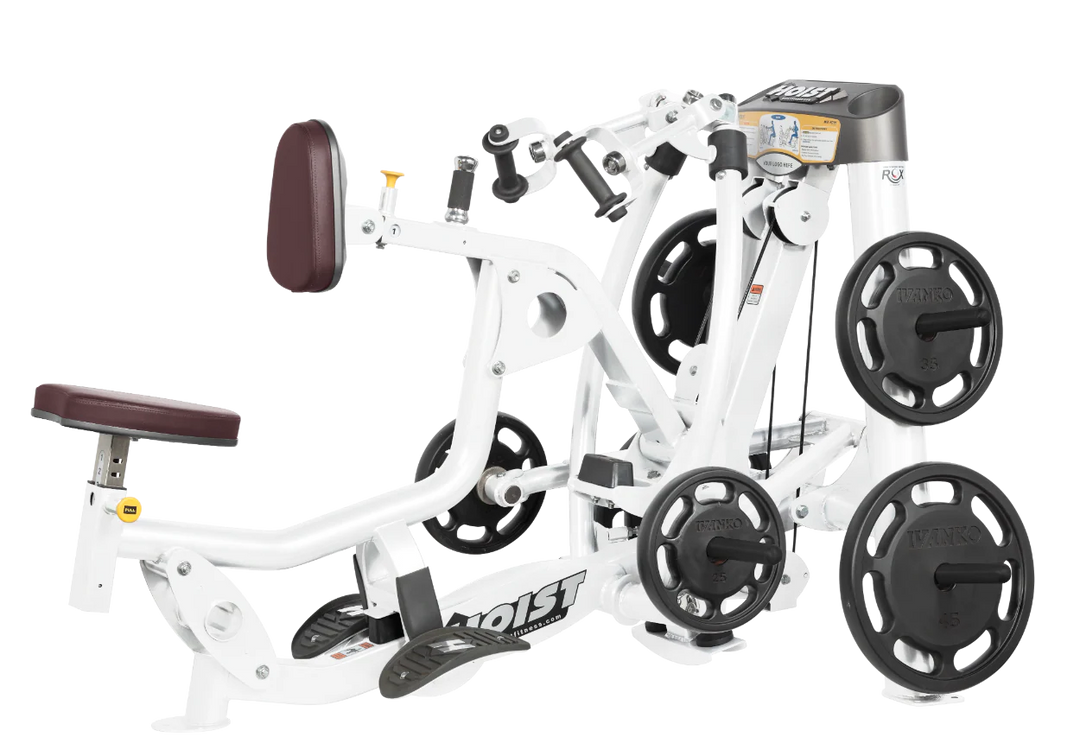Hoist plate loaded mid row machine with red upholstery, chest pad, and independent arm movement for back training