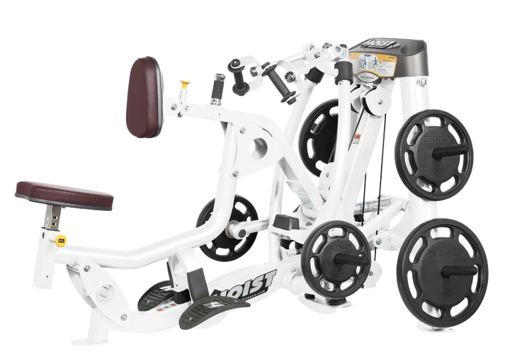 Hoist plate loaded mid row machine with red upholstery, chest pad, and independent arm movement for back training