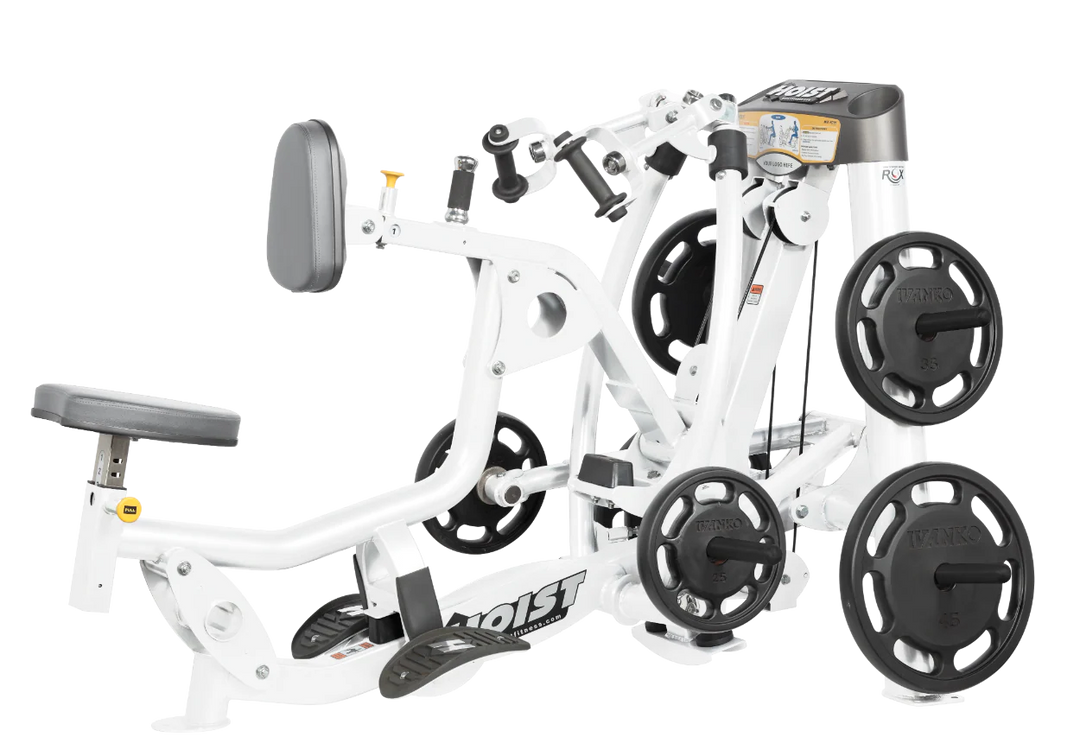 Hoist plate loaded mid row machine with red upholstery, chest pad, and independent arm movement for back training