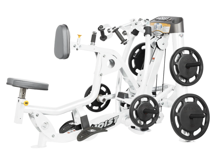 Hoist plate loaded mid row machine with red upholstery, chest pad, and independent arm movement for back training
