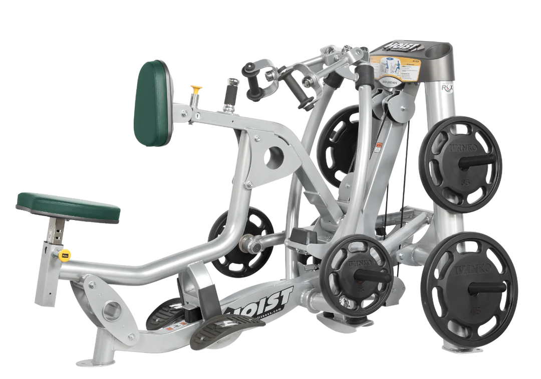 Hoist plate loaded mid row machine with red upholstery, chest pad, and independent arm movement for back training