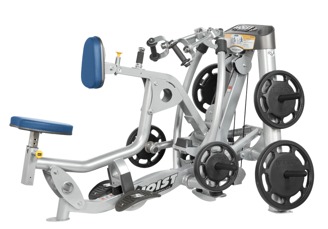 Hoist plate loaded mid row machine with red upholstery, chest pad, and independent arm movement for back training