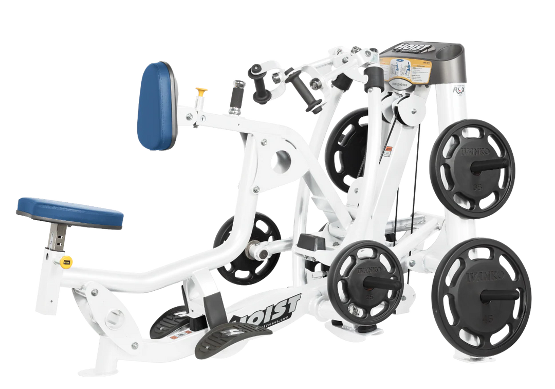 Hoist plate loaded mid row machine with red upholstery, chest pad, and independent arm movement for back training