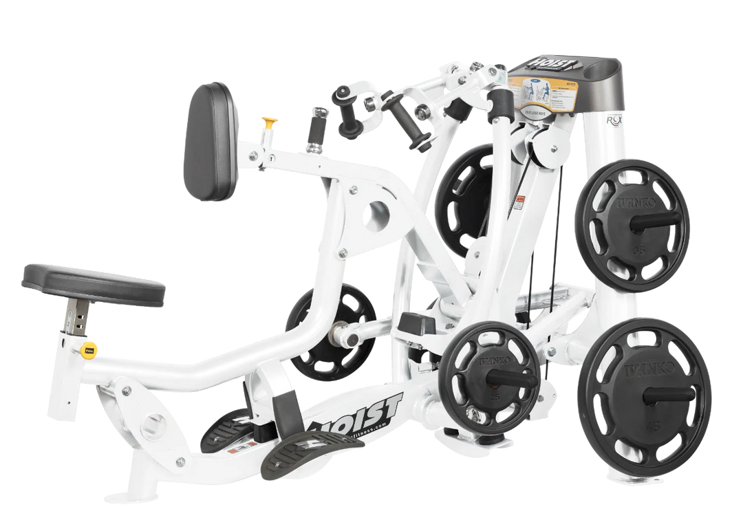 Hoist plate loaded mid row machine with red upholstery, chest pad, and independent arm movement for back training