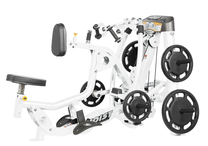 Hoist plate loaded mid row machine with red upholstery, chest pad, and independent arm movement for back training