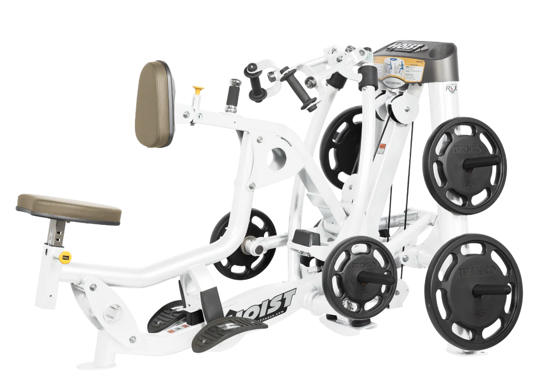 Hoist plate loaded mid row machine with red upholstery, chest pad, and independent arm movement for back training