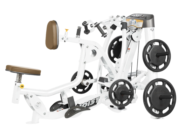 Hoist plate loaded mid row machine with red upholstery, chest pad, and independent arm movement for back training