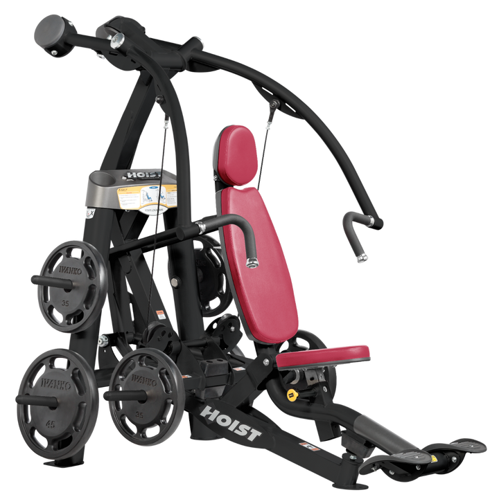Hoist plate loaded chest press machine with converging arms, adjustable seat, and ergonomic handles for chest workouts