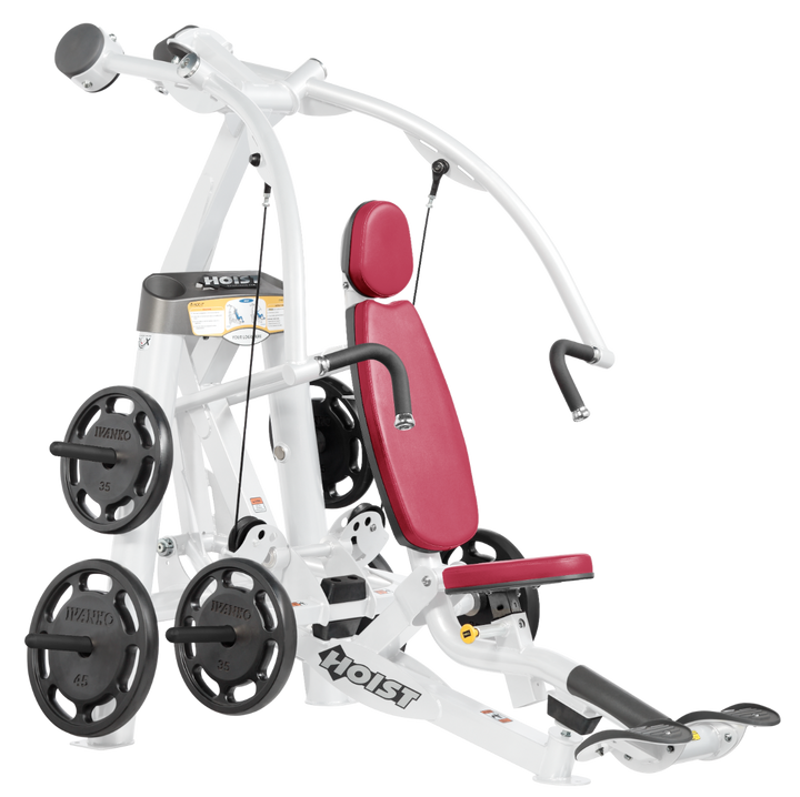 Hoist plate loaded chest press machine with converging arms, adjustable seat, and ergonomic handles for chest workouts