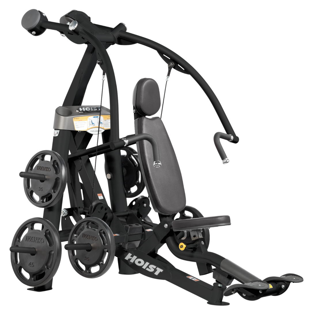 Hoist plate loaded chest press machine with converging arms, adjustable seat, and ergonomic handles for chest workouts