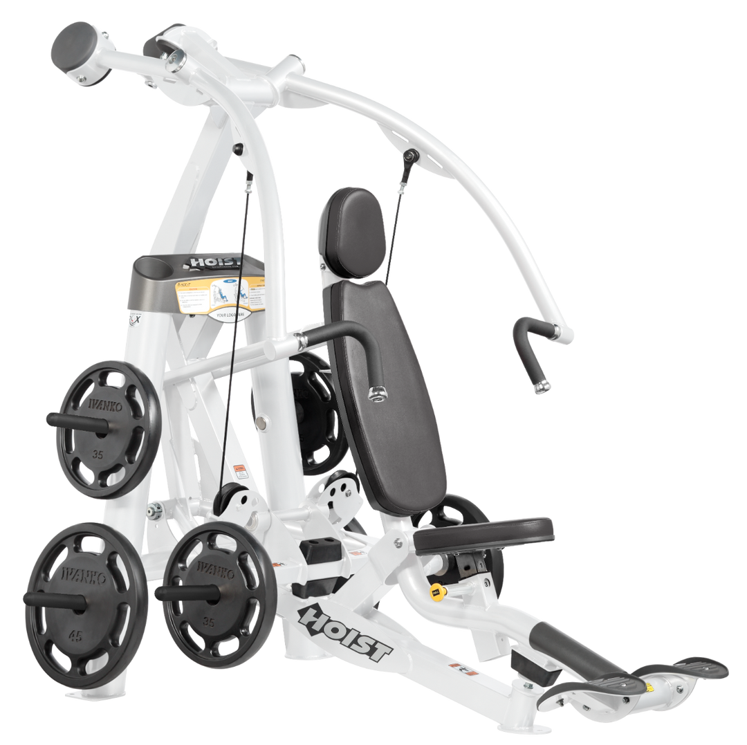 Hoist plate loaded chest press machine with converging arms, adjustable seat, and ergonomic handles for chest workouts