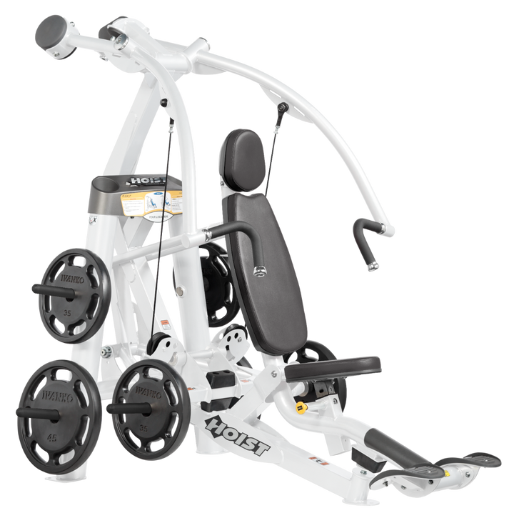Hoist plate loaded chest press machine with converging arms, adjustable seat, and ergonomic handles for chest workouts
