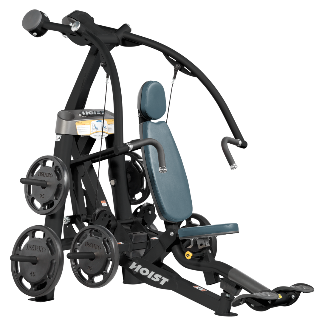Hoist plate loaded chest press machine with converging arms, adjustable seat, and ergonomic handles for chest workouts