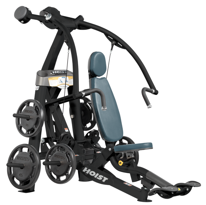 Hoist plate loaded chest press machine with converging arms, adjustable seat, and ergonomic handles for chest workouts