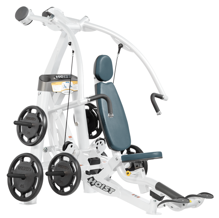 Hoist plate loaded chest press machine with converging arms, adjustable seat, and ergonomic handles for chest workouts