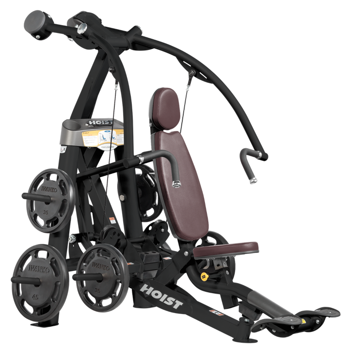 Hoist plate loaded chest press machine with converging arms, adjustable seat, and ergonomic handles for chest workouts