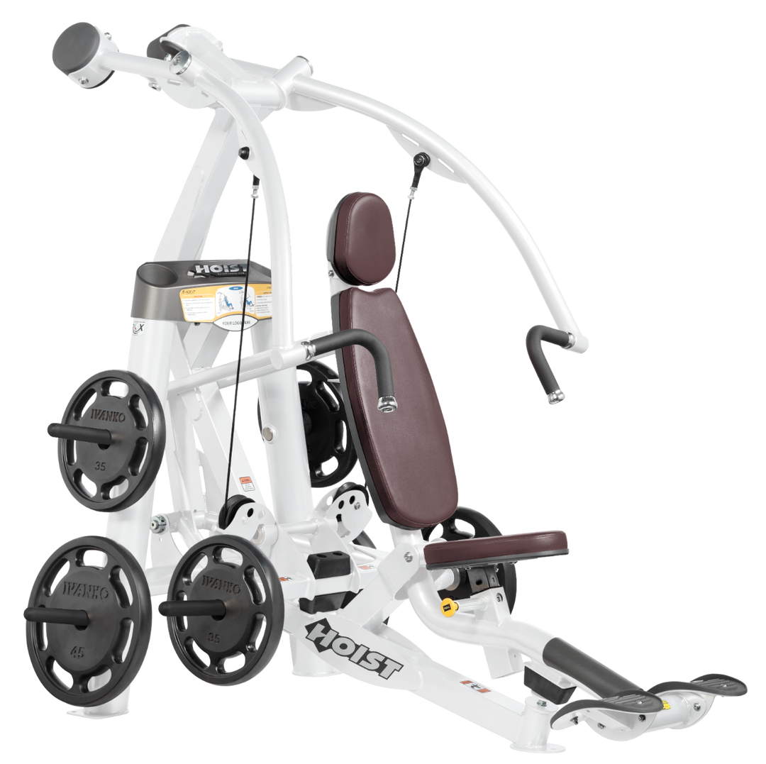 Hoist plate loaded chest press machine with converging arms, adjustable seat, and ergonomic handles for chest workouts