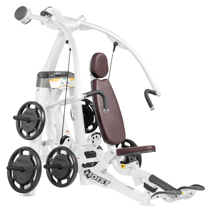 Hoist plate loaded chest press machine with converging arms, adjustable seat, and ergonomic handles for chest workouts