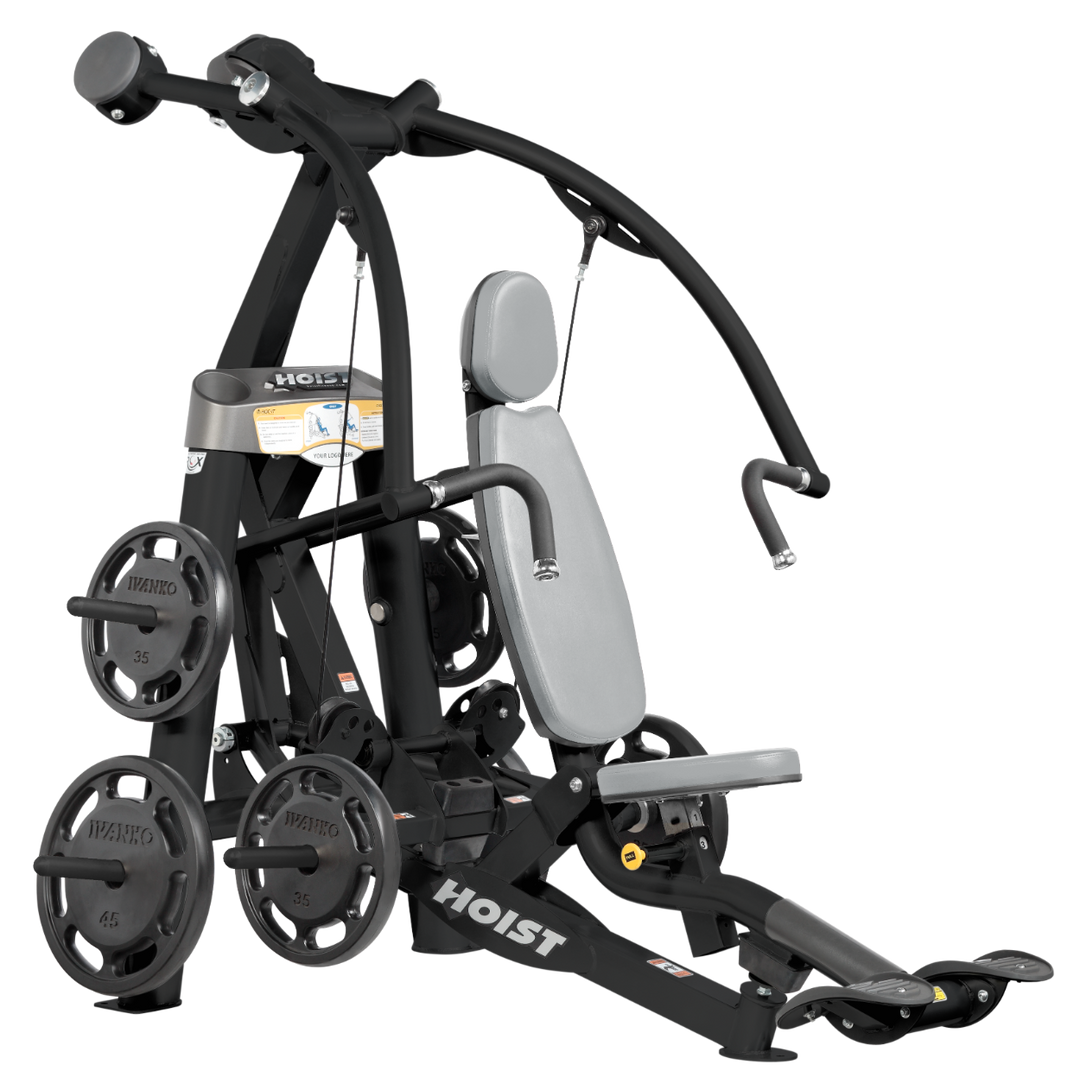 Hoist plate loaded chest press machine with converging arms, adjustable seat, and ergonomic handles for chest workouts