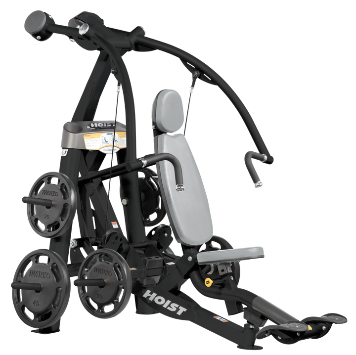 Hoist plate loaded chest press machine with converging arms, adjustable seat, and ergonomic handles for chest workouts