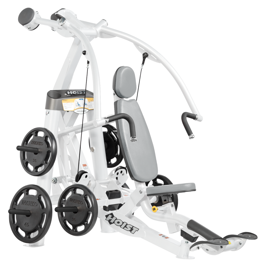 Hoist plate loaded chest press machine with converging arms, adjustable seat, and ergonomic handles for chest workouts