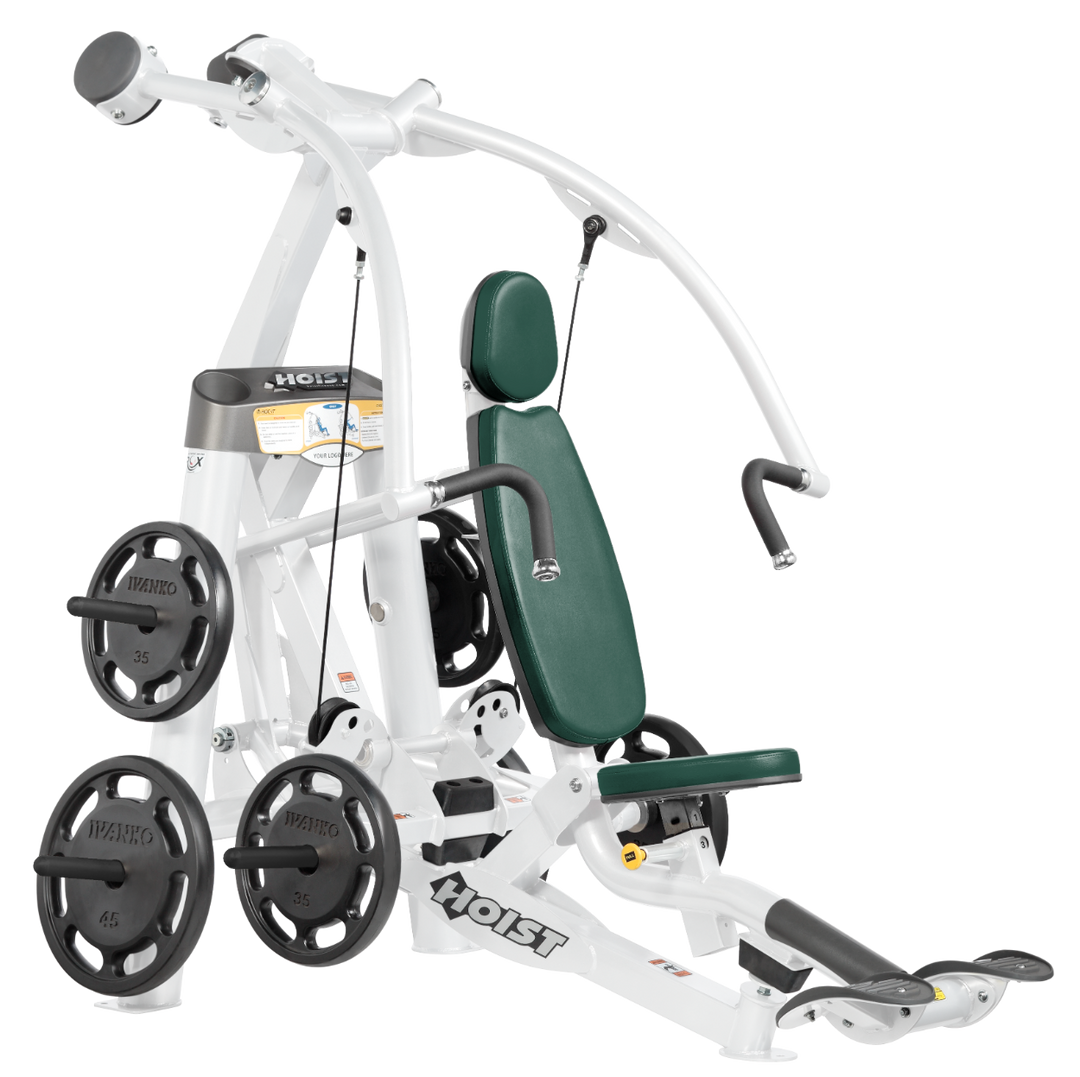 Hoist plate loaded chest press machine with converging arms, adjustable seat, and ergonomic handles for chest workouts