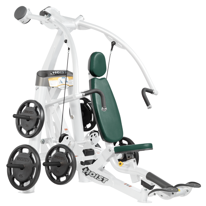 Hoist plate loaded chest press machine with converging arms, adjustable seat, and ergonomic handles for chest workouts